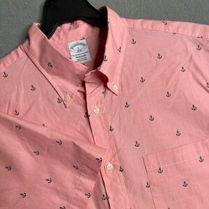 Brooks Brothers Mens Large L Anchor Print Button Down Coral‎ Pink Regular Fit
